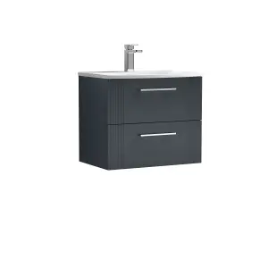 Retro 2 Drawer Wall Hung Vanity Unit with Curved 1 Tap Hole Ceramic Basin - 600mm - Satin Soft Black - Balterley