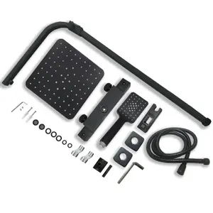 Matt Black Thermostatic Mixer Shower Set Square Black Twin Head Exposed Valve 220mm