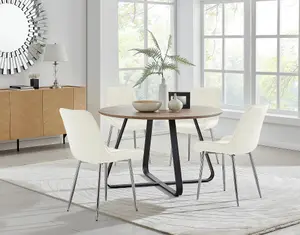 Furniturebox UK Santorini Brown Round Round Dining Table And 4 Cream Pesaro Silver Leg Chairs