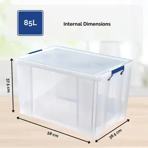 BANKERS BOX 85L Clear Plastic Storage Box with Lid Super Strong Plastic Box 375 x 575 x 380mm