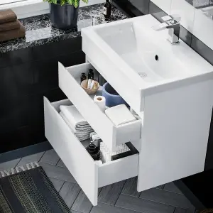 Nes Home Hardie 600mm 2 Drawer White Wall Hung Vanity Cabinet and Basin Sink Unit