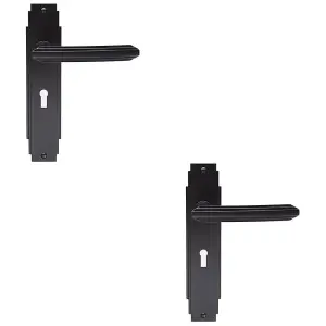 2 PACK - Art Deco Internal Latch Door Handle - Matt Black Lever on Backplate Reeded