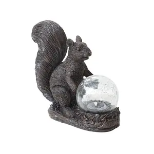 Solar Powered LED Squirrel Garden Ornament - Hand Painted Polyresin Sculpture with Light Up Crackle Ball - H18.5 x W19.5 x D9cm