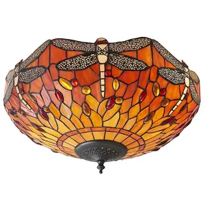 Tiffany Glass Semi Flush Ceiling Light Flame Dragonfly Inverted Shade i00045