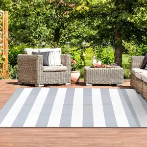 Extra Large Garden Outdoor Rug For Patio, Misty Grey & White Line Waterproof Garden Rug 180 x 270cm