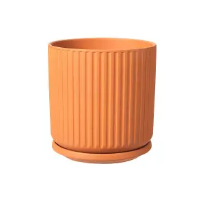 Ceramic Ridged Design Plant Pot With Saucer. Tango Orange - H17.5 cm