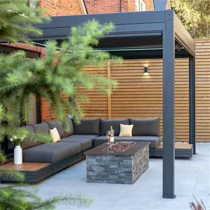 Pergostet 3m X 4m Aluminium Garden Pergola - Grey | Waterproof Louvered Roof | Rectangle Pergola | 3 Side Blinds & LED Lights | Contemporary Design