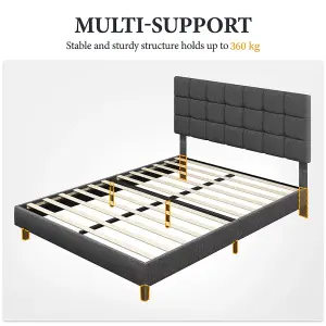 Yaheetech Dark Grey 5ft King Upholstered Bed Frame with Square Tufted Adjustable Headboard and Wooden Slats Support