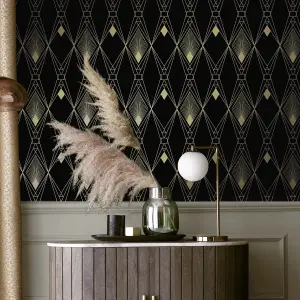 Next Deco geometric Black Metallic effect Smooth Wallpaper