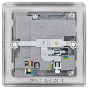 BG Brushed Steel Single 13A Raised slim Switched Screwed Socket with USB, x2 & Grey inserts