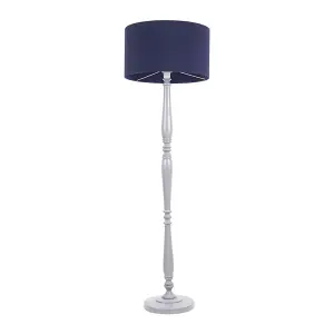 ValueLights Victoria Traditional Grey Wood Candlestick Floor Lamp with Navy Blue Drum Shade - LED Bulb Included