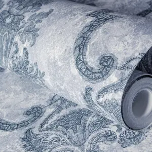 Galerie Azulejo Blue Porto Large Distressed Baroque Damask Wallpaper Roll