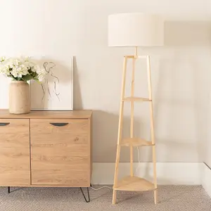 ValueLights Hiru 3 Tier Shelved Wooden Floor Lamp with Linen White Trim Drum Shade & LED Bulb