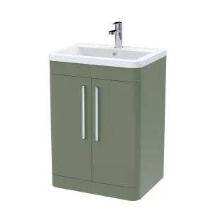 Floor Standing 2 Door Vanity Unit with Ceramic Basin - 600mm - Satin Green