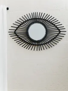 Interiors by Premier Black Natural Rattan Eye Shapped Wall Mirror, Rattan Frame Large Wall Mirror, Unique Wooden Frame Mirror