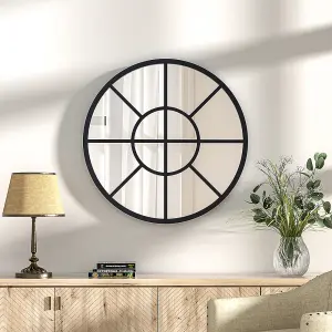 Contemporary Round Metal Windowpane Wall Framed Mirror 50cm Dia