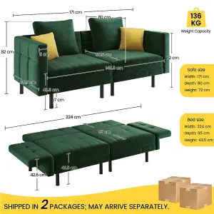 Yaheetech 2 Seater Velvet Convertible Sofa Bed with 4 Pillows - Green