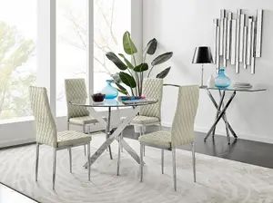 Furniturebox UK Novara Chrome Metal Round Glass Dining Table And 4 Cream Velvet Milan Chairs