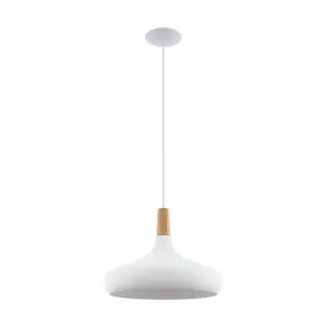 Pendant Ceiling Light Colour White Wide Shade Brown Wood Bulb E27 1x60W