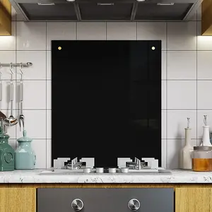 BELOFAY 60x70cm Black Tempered Glass Splashback for Kitchen 6mm Toughened Glass Heat Resistant Splashbacks Pre-Drilled with Fixing