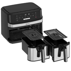 EMtronics Double Basket Air Fryer Digital Dual 9L with Timer - Stainless Steel