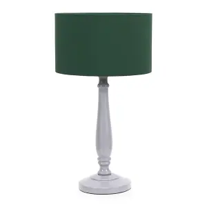 ValueLights Victoria Traditional Grey Wood Candlestick Table Lamp with Forest Green Drum Shade