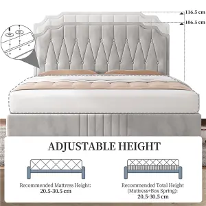 Yaheetech Beige 4ft6 Double Upholstered Bed Frame with Button-Tufted Adjustable Headboard and Wooden Slat Support