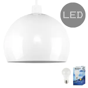 ValueLights Arco White Dome Ceiling Pendant Shade and E27 GLS LED 10W Warm White 3000K Bulb