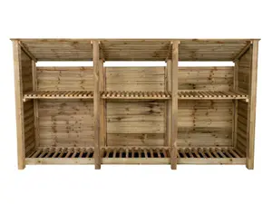 Wooden log store (roof sloping back) with kindling shelf W-335cm, H-180cm, D-88cm - natural (light green) finish