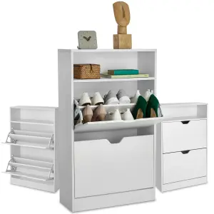 Shoe Cabinet Calea - 2 tilt compartments for 12 pairs of shoes, open shelf space - white