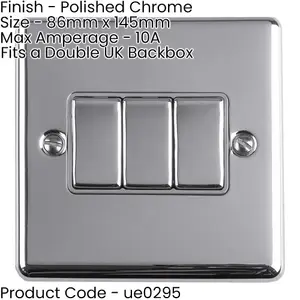 2 PACK 3 Gang Triple Metal Light Switch POLISHED CHROME 2 Way 10A GREY Trim