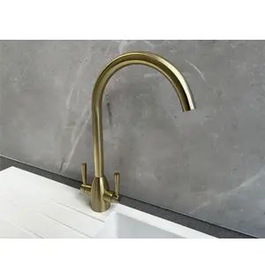 Liquida W05BG Swan Neck Monobloc Twin Lever Brushed Gold Kitchen Mixer Tap