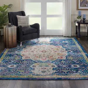 Blue Floral Traditional Easy to Clean Rug for Living Room Bedroom and Dining Room-122cm X 183cm