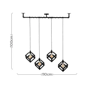 ValueLights Talisman Industrial Satin Black 4 Way Pipework Wrap Over Ceiling Light with Black Metal Shades