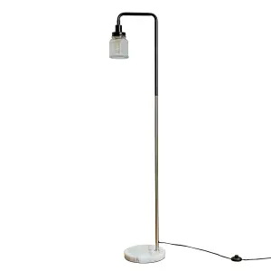 ValueLights Retro Style Black/Chrome Metal & White Marble Base Floor Lamp With Clear Glass Ribbed Pattern Design Jar Shade