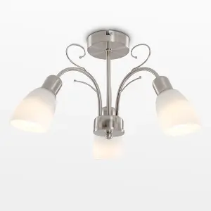 ValueLights Newlyn Modern 3 Way Silver Brushed Chrome Ceiling Light Fitting with White Frosted Glass Shades