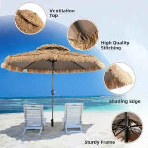 Costway 3M Hula Thatched Patio Tiki Umbrella Hawaiian Umbrella w/ Manual Crank