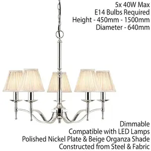 Avery Ceiling Pendant Chandelier Light 5 Lamp Bright Nickel & Beige Pleat Shade