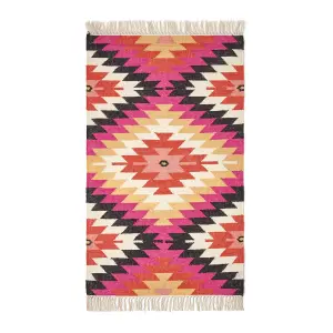 Homescapes Jakarta Handwoven Pink, Orange and Yellow Multi Coloured Geometric Pattern Kilim Wool Rug, 160 x 230 cm