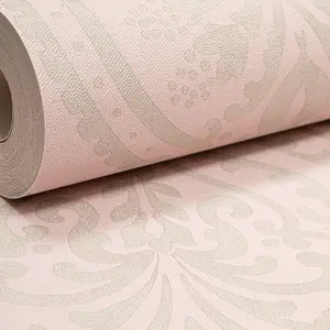 Arthouse Blush Pink Silver Grey Moroccan Damask Textured Heavy Vinyl Wallpaper