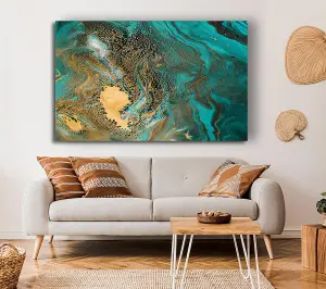 Turquoise And Teal Oil Flow Canvas Print Wall Art - Medium 20 x 32 Inches