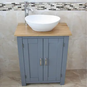 Worthland Solid Oak 650mm Free-Standing Vanity Unit with Countertop Ceramic Basin & Faucet