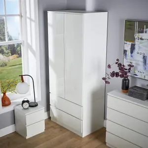 Home Source Lugano White 2 Door 2 Drawer Wardrobe High Gloss Door & Drawer Fronts