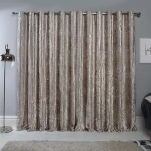 Sienna Crushed Velvet Eyelet Ring Top Pair of Fully Lined Curtains - Natural 90" x 90"