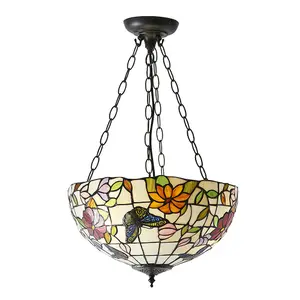 Medium Tiffany Butterfly Pendant Ceiling Light - Dark Bronze Finish - 3 x 60W E27 GLS