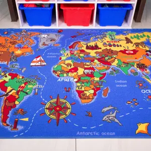 Children's Educational Blue World Map Play Mat Bedroom Rug 95x200cm