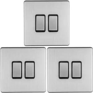 3 PACK 2 Gang Single Light Switch SCREWLESS SATIN STEEL 2 Way 10A Slim Rocker