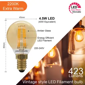 paul russells LED Filament Dimmable Golf Bulb, SES E14, 4.5W 423 Lumens, 40w Equivalent, 2200K Extra Warm White, Pack of 10