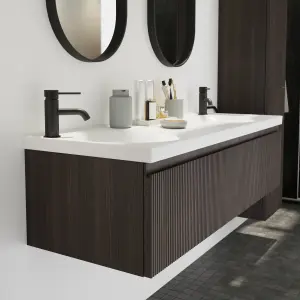 GoodHome Kentia Ribbed effect Walnut Veneer Wall-mounted Bathroom Cabinet (H) 300mm (W) 1200mm