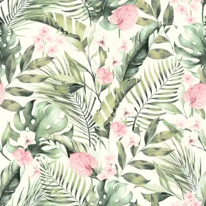 Tropical Floral Pink & Green Wallpaper